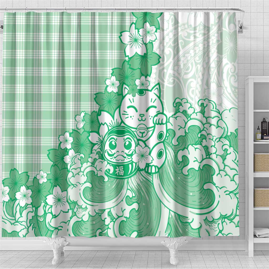 Green Palaka Hawaiian And Japanese Shower Curtain Maneki Neko And Sakura Bloom DT05 - Polynesian Pride