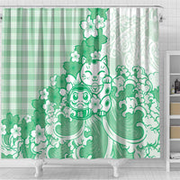 Green Palaka Hawaiian And Japanese Shower Curtain Maneki Neko And Sakura Bloom DT05 - Polynesian Pride