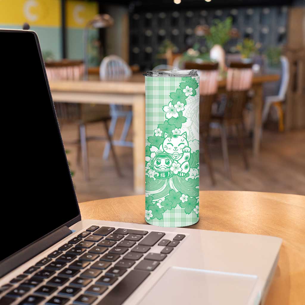 Green Palaka Hawaiian And Japanese Skinny Tumbler Maneki Neko And Sakura Bloom