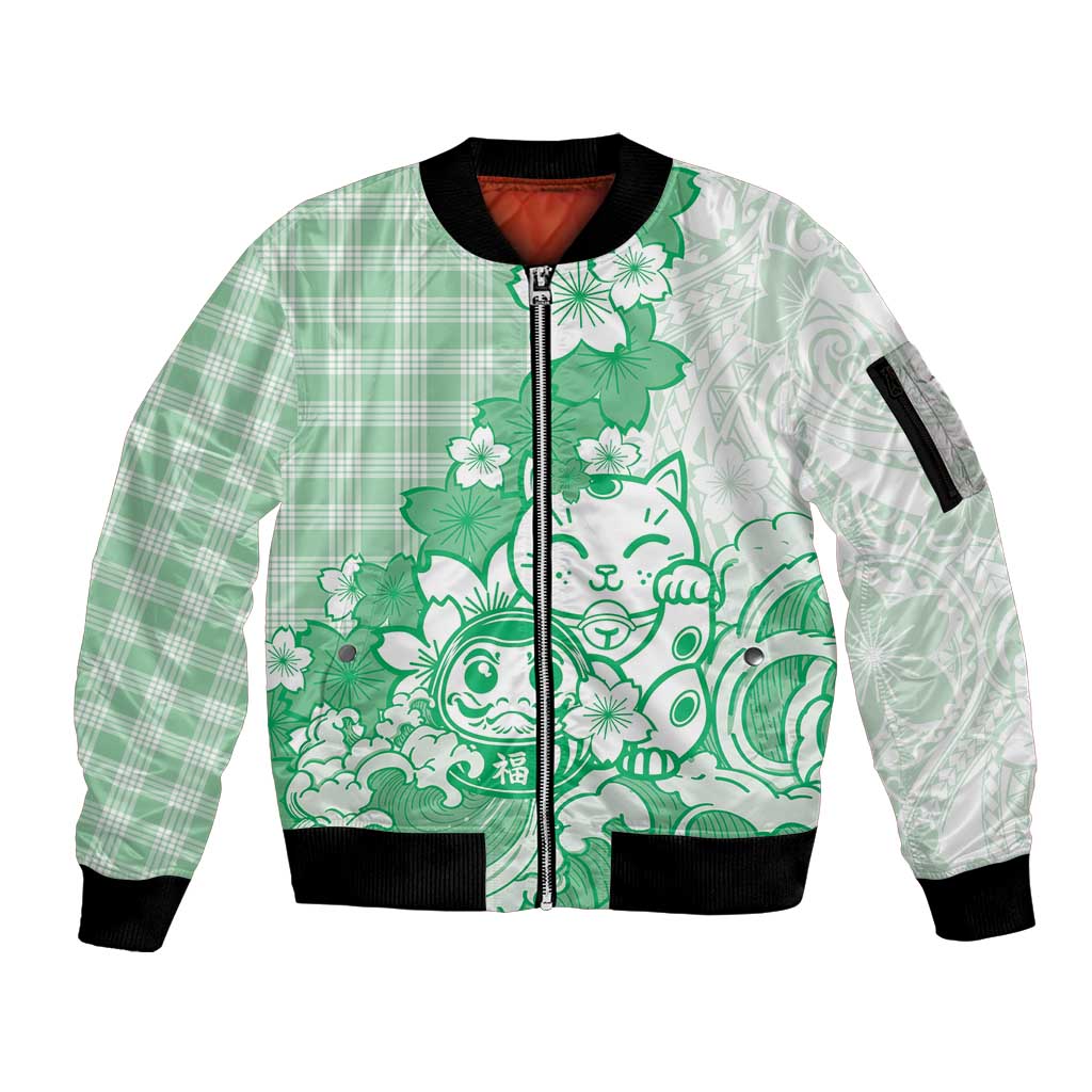 Green Palaka Hawaiian And Japanese Sleeve Zip Bomber Jacket Maneki Neko And Sakura Bloom DT05 Unisex Green - Polynesian Pride