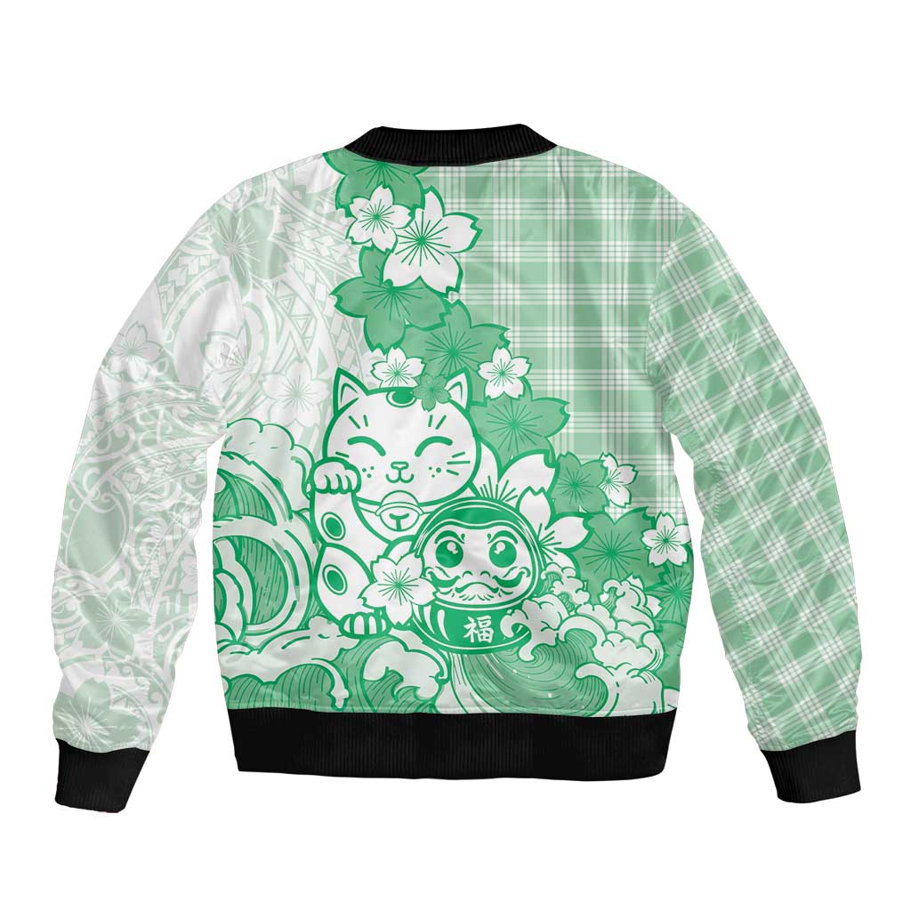 Green Palaka Hawaiian And Japanese Sleeve Zip Bomber Jacket Maneki Neko And Sakura Bloom DT05 - Polynesian Pride