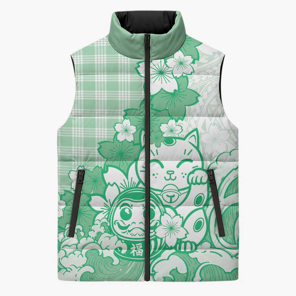 Green Palaka Hawaiian And Japanese Sleeveless Puffer Jacket Maneki Neko And Sakura Bloom DT05 Unisex Green - Polynesian Pride