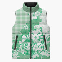 Green Palaka Hawaiian And Japanese Sleeveless Puffer Jacket Maneki Neko And Sakura Bloom DT05 Unisex Green - Polynesian Pride