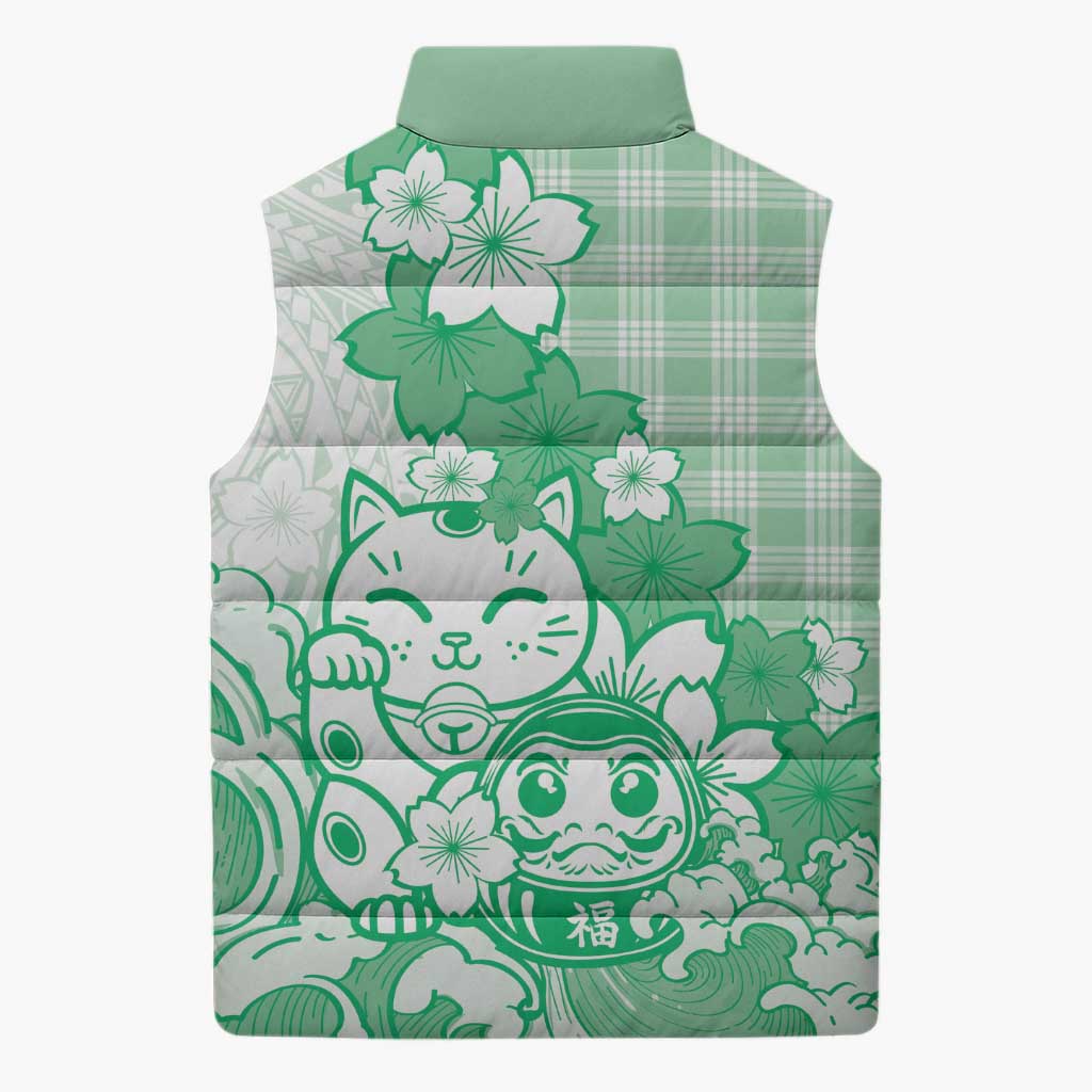 Green Palaka Hawaiian And Japanese Sleeveless Puffer Jacket Maneki Neko And Sakura Bloom DT05 - Polynesian Pride
