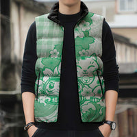 Green Palaka Hawaiian And Japanese Sleeveless Puffer Jacket Maneki Neko And Sakura Bloom DT05 - Polynesian Pride
