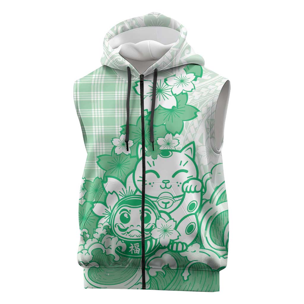 Green Palaka Hawaiian And Japanese Sleeveless Zip Hoodie Maneki Neko And Sakura Bloom DT05 Green - Polynesian Pride