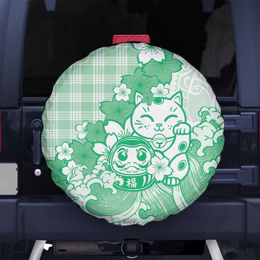 Green Palaka Hawaiian And Japanese Spare Tire Cover Maneki Neko And Sakura Bloom DT05 No hole Green - Polynesian Pride
