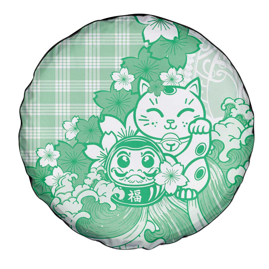 Green Palaka Hawaiian And Japanese Spare Tire Cover Maneki Neko And Sakura Bloom DT05 - Polynesian Pride