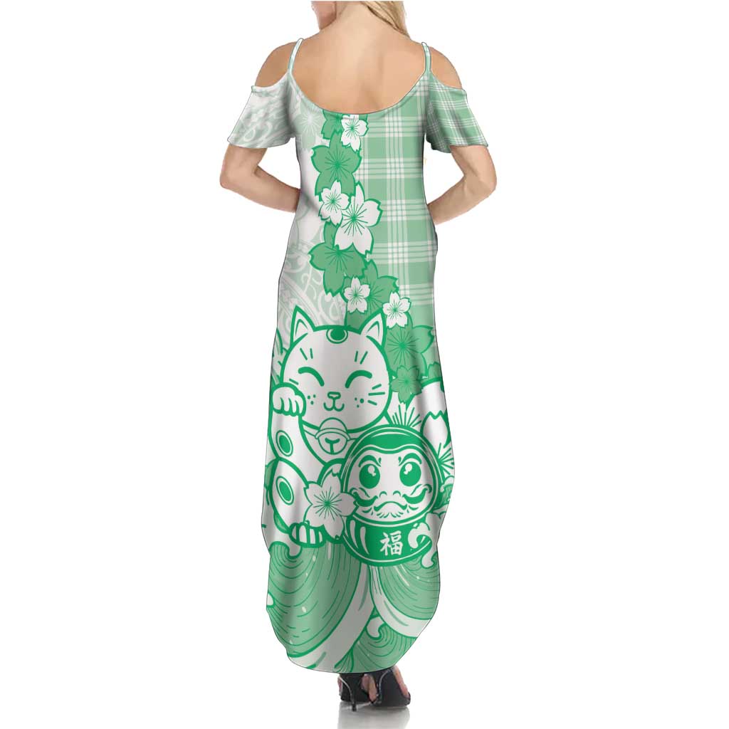 Green Palaka Hawaiian And Japanese Summer Maxi Dress Maneki Neko And Sakura Bloom DT05 - Polynesian Pride
