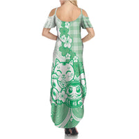 Green Palaka Hawaiian And Japanese Summer Maxi Dress Maneki Neko And Sakura Bloom DT05 - Polynesian Pride