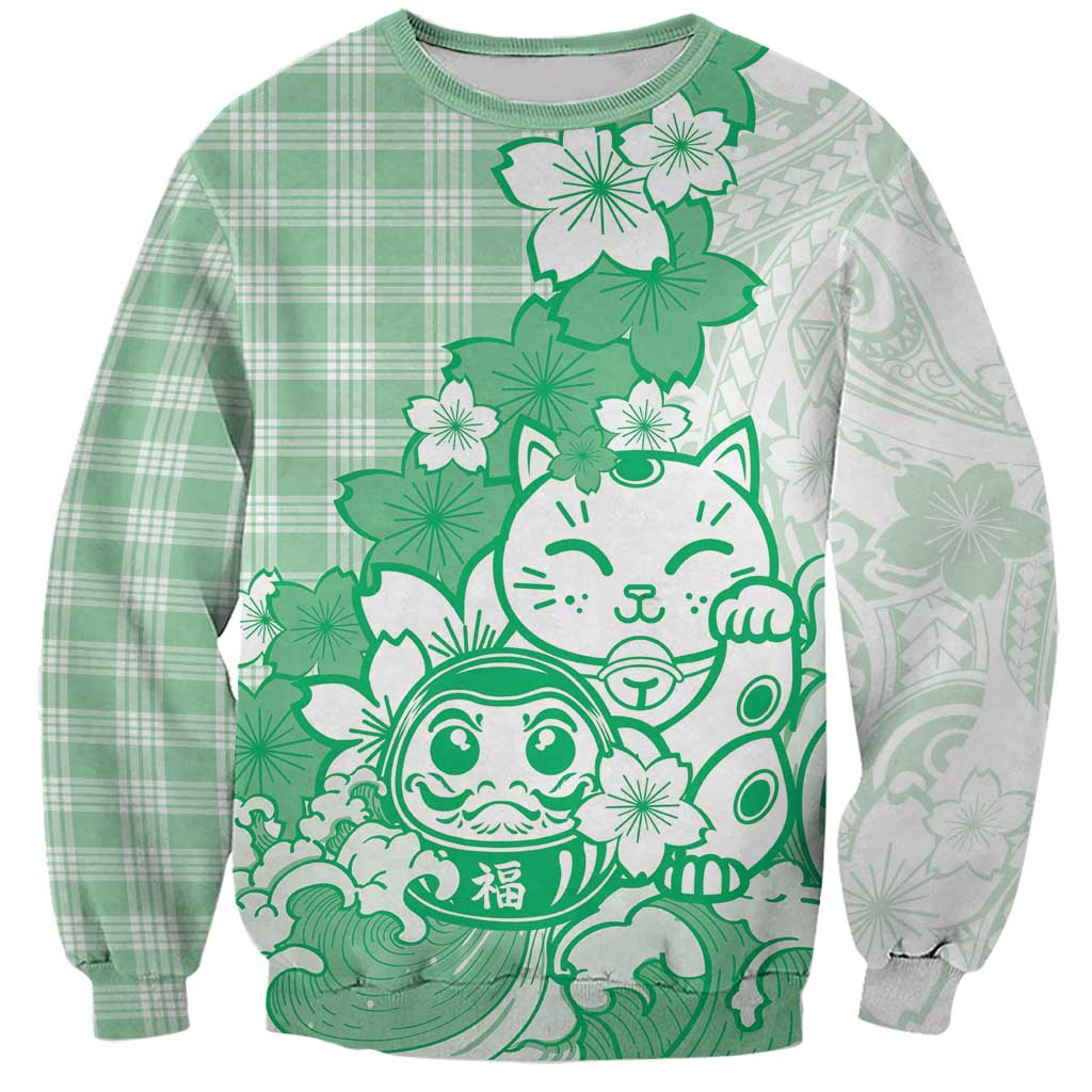 Green Palaka Hawaiian And Japanese Sweatshirt Maneki Neko And Sakura Bloom DT05 Unisex Green - Polynesian Pride