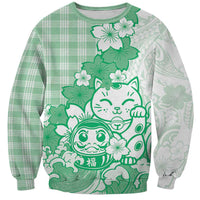 Green Palaka Hawaiian And Japanese Sweatshirt Maneki Neko And Sakura Bloom DT05 Unisex Green - Polynesian Pride