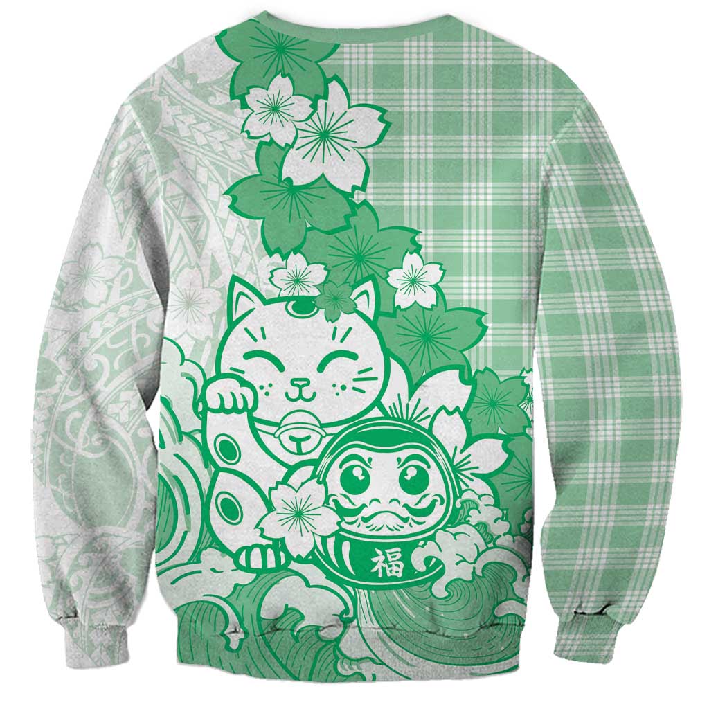 Green Palaka Hawaiian And Japanese Sweatshirt Maneki Neko And Sakura Bloom DT05 - Polynesian Pride