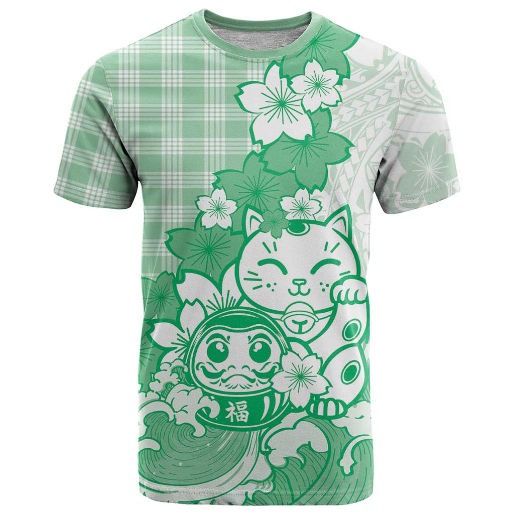 Green Palaka Hawaiian And Japanese T Shirt Maneki Neko And Sakura Bloom DT05 Green - Polynesian Pride