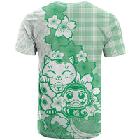 Green Palaka Hawaiian And Japanese T Shirt Maneki Neko And Sakura Bloom DT05 - Polynesian Pride