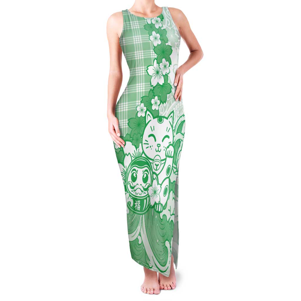 Green Palaka Hawaiian And Japanese Tank Maxi Dress Maneki Neko And Sakura Bloom DT05 Women Green - Polynesian Pride