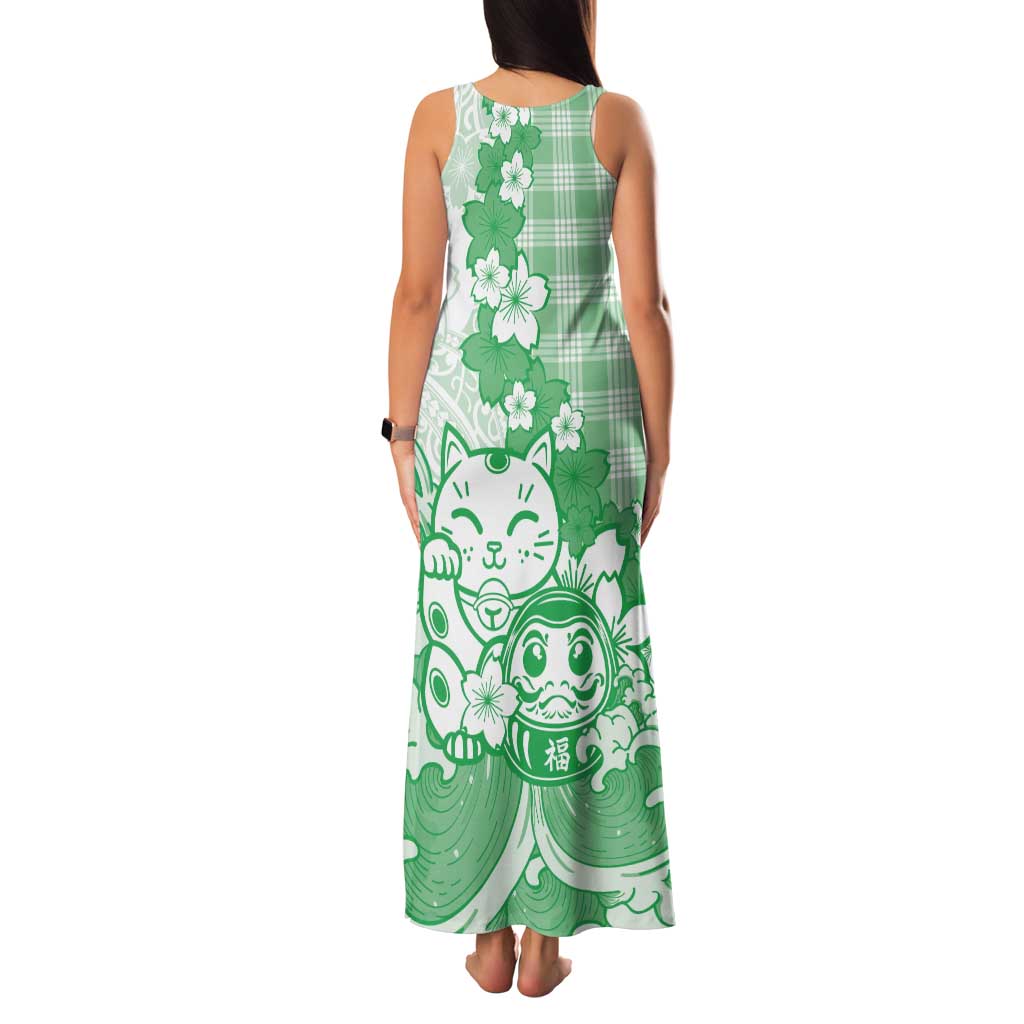 Green Palaka Hawaiian And Japanese Tank Maxi Dress Maneki Neko And Sakura Bloom DT05 - Polynesian Pride