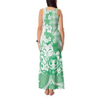 Green Palaka Hawaiian And Japanese Tank Maxi Dress Maneki Neko And Sakura Bloom DT05 - Polynesian Pride