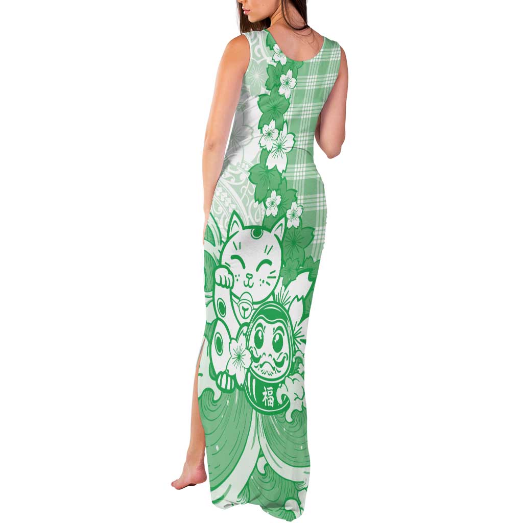 Green Palaka Hawaiian And Japanese Tank Maxi Dress Maneki Neko And Sakura Bloom DT05 - Polynesian Pride