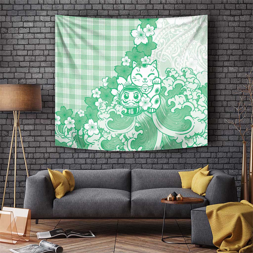 Green Palaka Hawaiian And Japanese Tapestry Maneki Neko And Sakura Bloom DT05 Green - Polynesian Pride