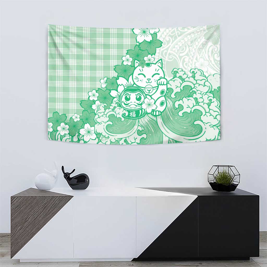 Green Palaka Hawaiian And Japanese Tapestry Maneki Neko And Sakura Bloom DT05 - Polynesian Pride