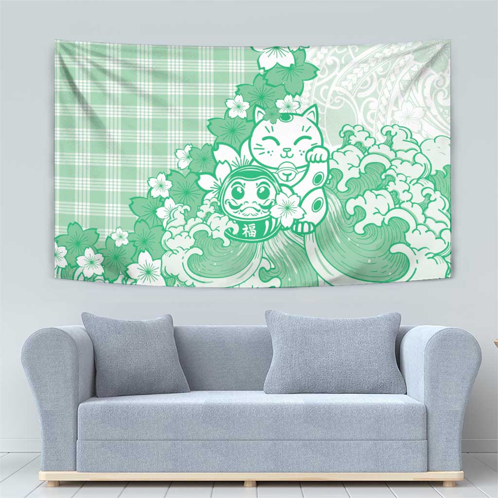Green Palaka Hawaiian And Japanese Tapestry Maneki Neko And Sakura Bloom DT05 - Polynesian Pride