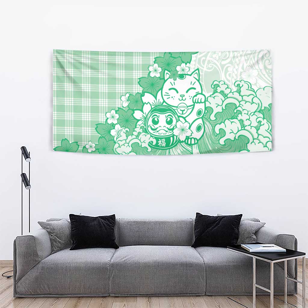 Green Palaka Hawaiian And Japanese Tapestry Maneki Neko And Sakura Bloom DT05 - Polynesian Pride