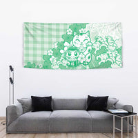 Green Palaka Hawaiian And Japanese Tapestry Maneki Neko And Sakura Bloom DT05 - Polynesian Pride