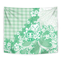 Green Palaka Hawaiian And Japanese Tapestry Maneki Neko And Sakura Bloom DT05 - Polynesian Pride