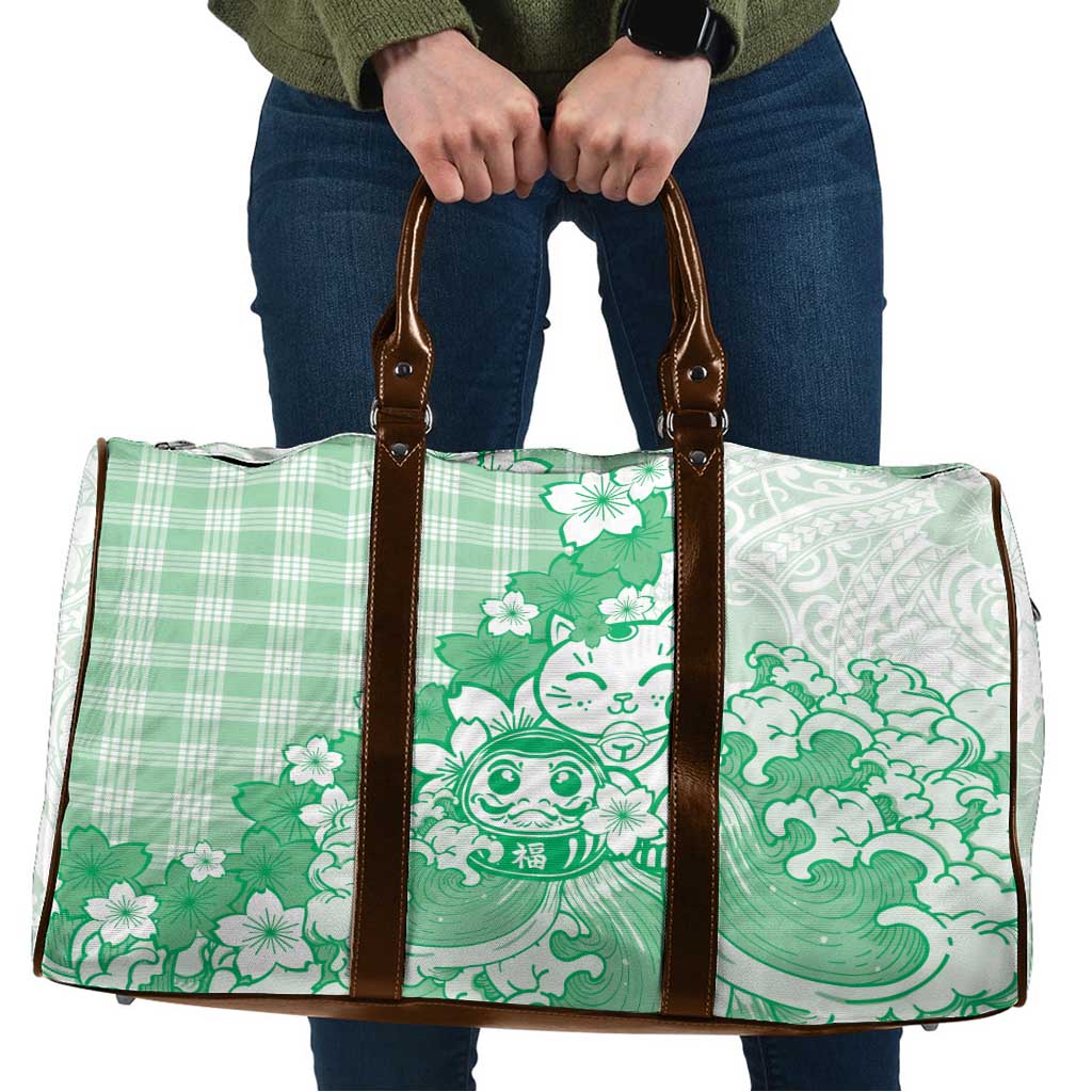 Green Palaka Hawaiian And Japanese Travel Bag Maneki Neko And Sakura Bloom