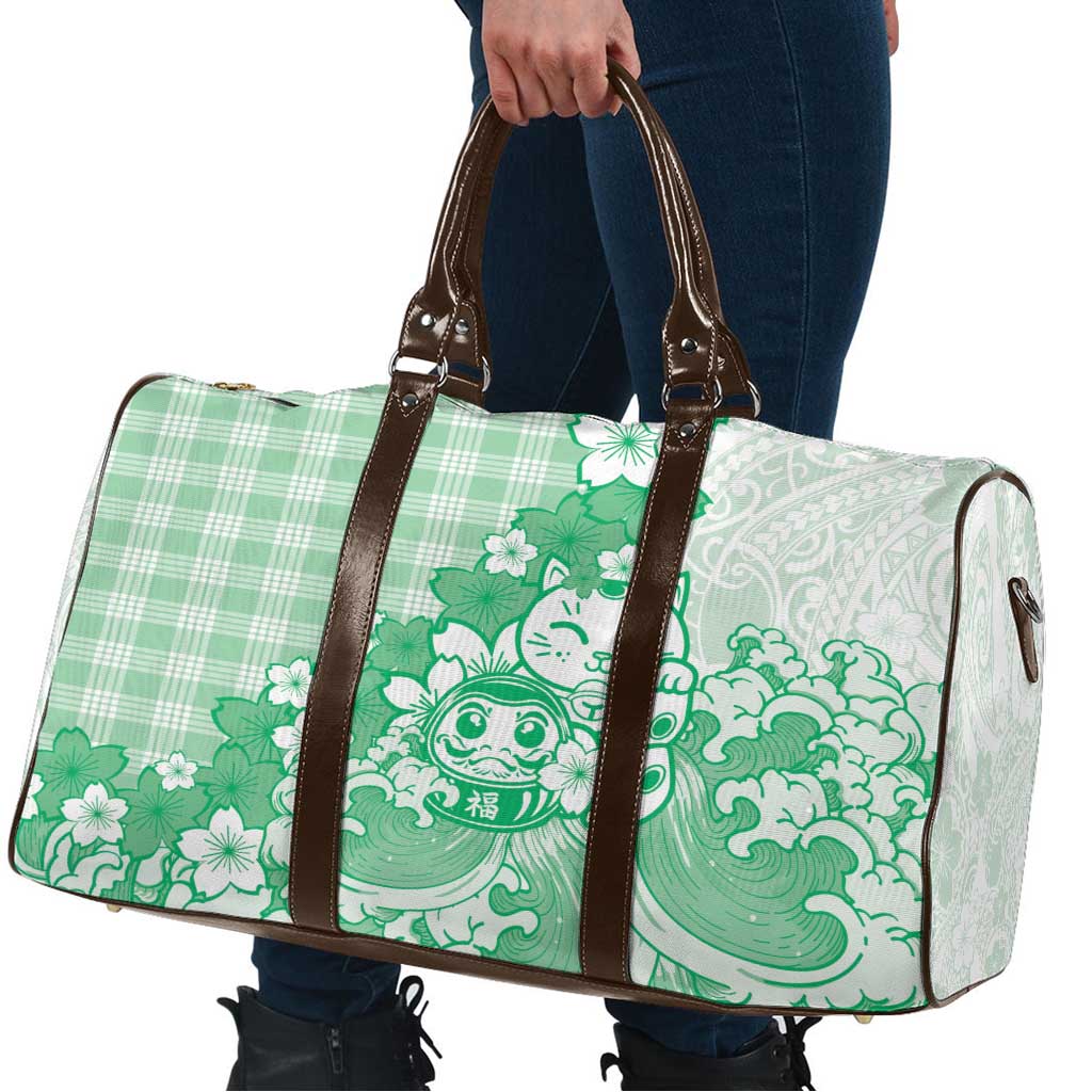 Green Palaka Hawaiian And Japanese Travel Bag Maneki Neko And Sakura Bloom DT05 - Polynesian Pride