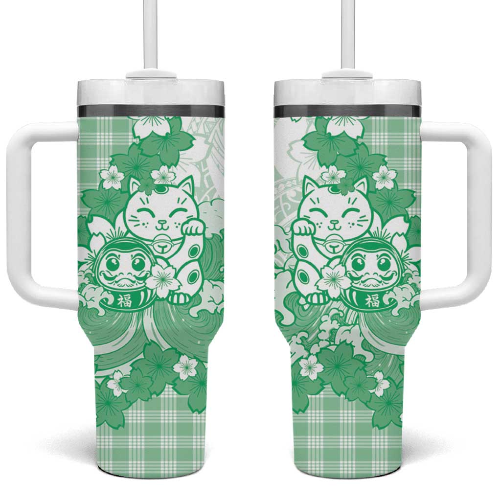 Green Palaka Hawaiian And Japanese Tumbler With Handle Maneki Neko And Sakura Bloom DT05 One Size: 40 oz Green - Polynesian Pride