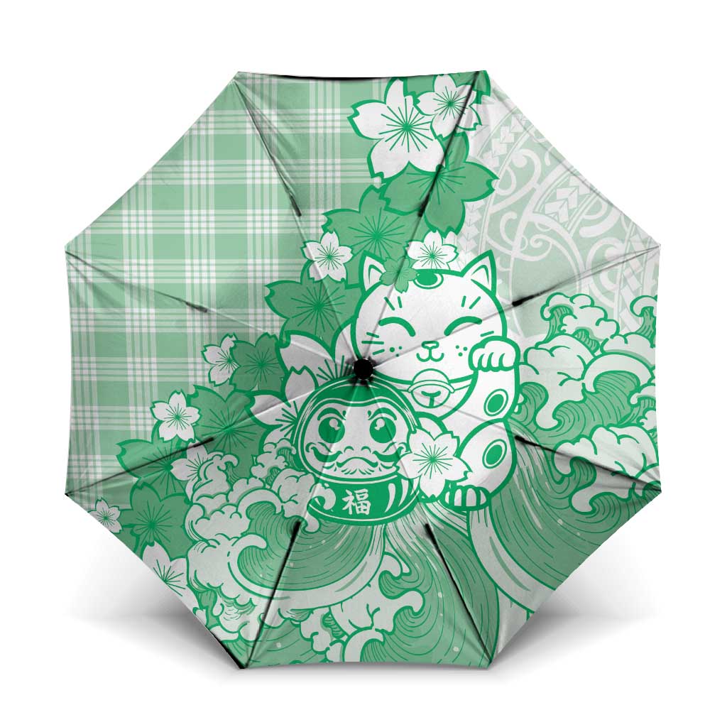 Green Palaka Hawaiian And Japanese Umbrella Maneki Neko And Sakura Bloom DT05 One Size Folded 11.42 inch Opened Diameter 37.4 inch Green - Polynesian Pride