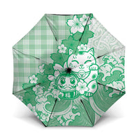 Green Palaka Hawaiian And Japanese Umbrella Maneki Neko And Sakura Bloom DT05 One Size Folded 11.42 inch Opened Diameter 37.4 inch Green - Polynesian Pride
