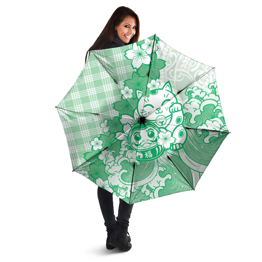 Green Palaka Hawaiian And Japanese Umbrella Maneki Neko And Sakura Bloom DT05 - Polynesian Pride