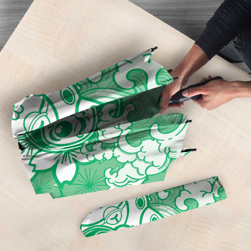 Green Palaka Hawaiian And Japanese Umbrella Maneki Neko And Sakura Bloom DT05 - Polynesian Pride
