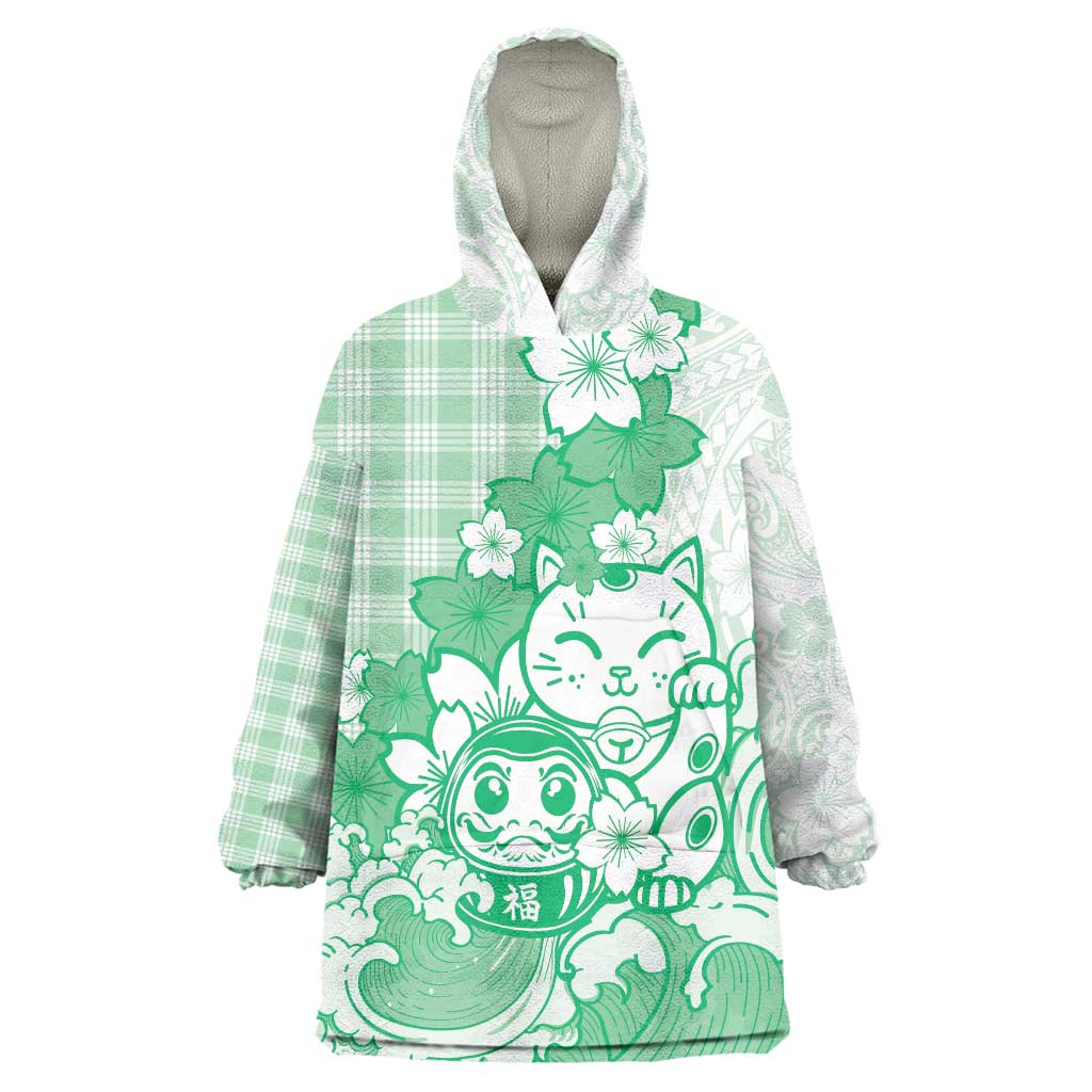 Green Palaka Hawaiian And Japanese Wearable Blanket Hoodie Maneki Neko And Sakura Bloom DT05 One Size Green - Polynesian Pride