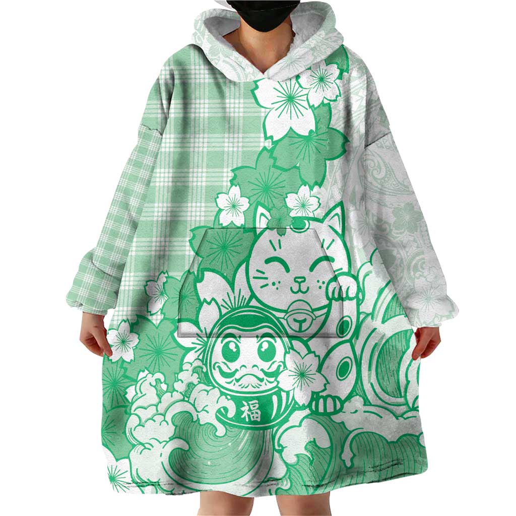 Green Palaka Hawaiian And Japanese Wearable Blanket Hoodie Maneki Neko And Sakura Bloom DT05 - Polynesian Pride