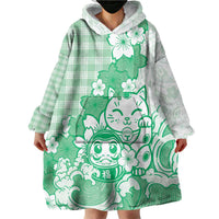 Green Palaka Hawaiian And Japanese Wearable Blanket Hoodie Maneki Neko And Sakura Bloom DT05 - Polynesian Pride