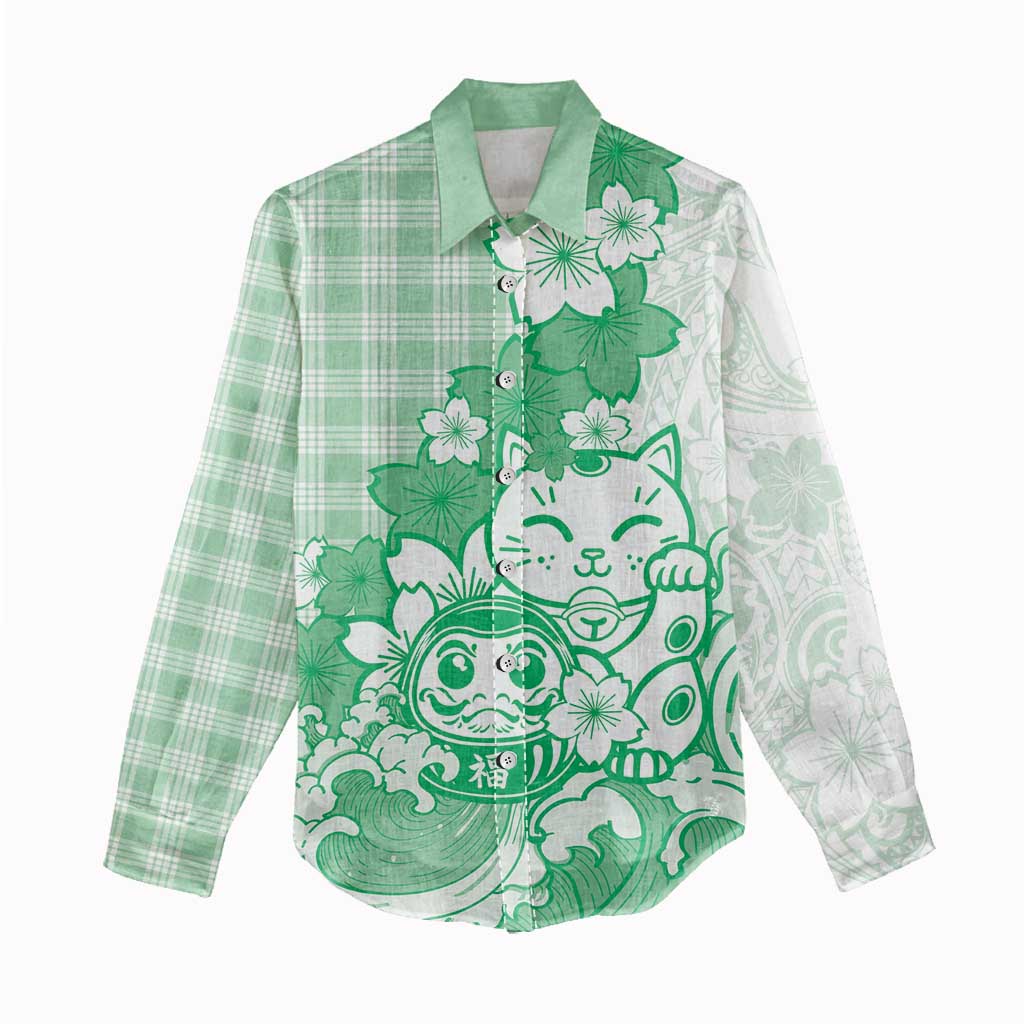 Green Palaka Hawaiian And Japanese Women Casual Shirt Maneki Neko And Sakura Bloom DT05 - Polynesian Pride
