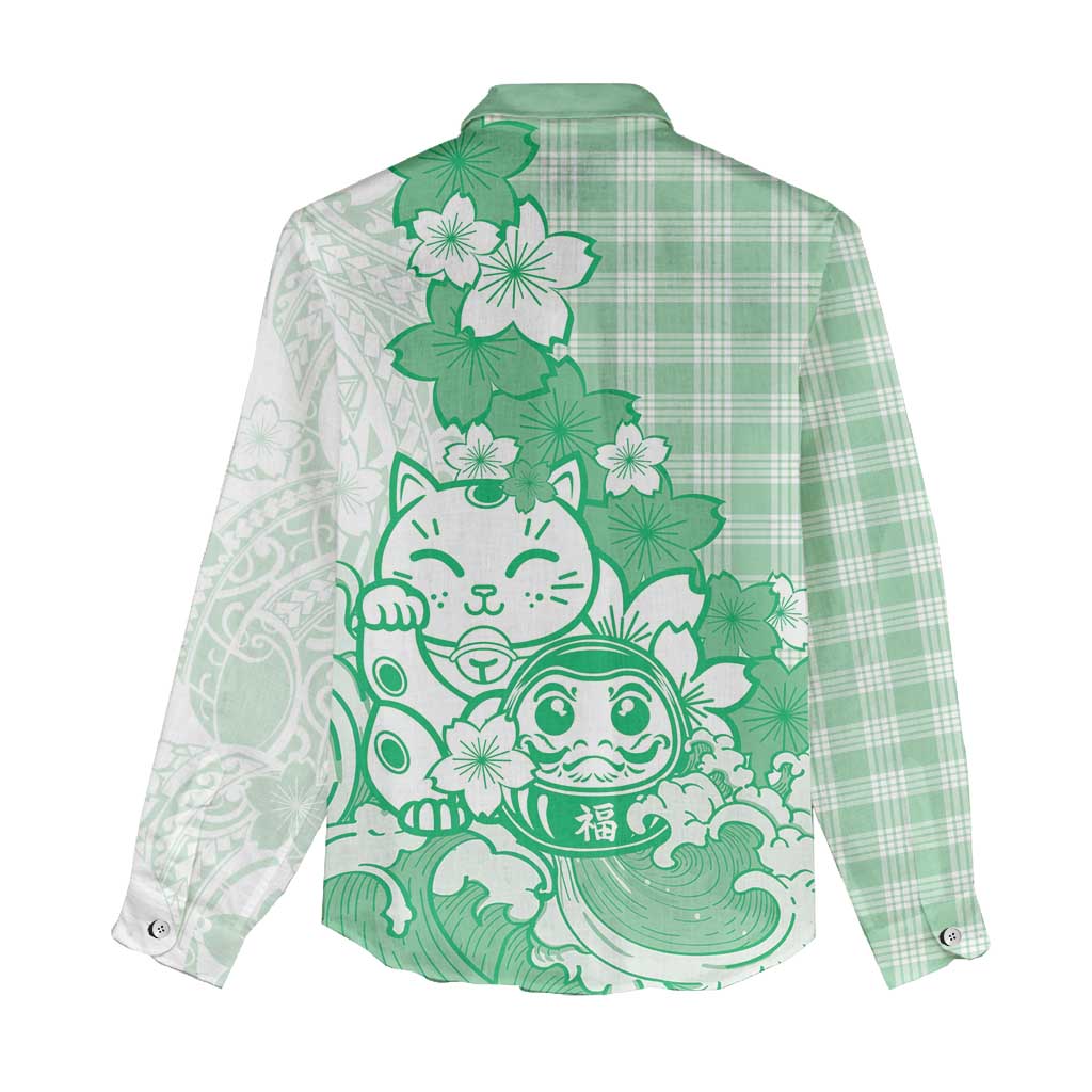 Green Palaka Hawaiian And Japanese Women Casual Shirt Maneki Neko And Sakura Bloom DT05 - Polynesian Pride