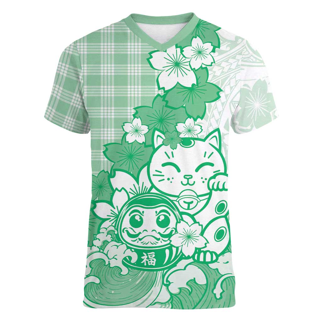 Green Palaka Hawaiian And Japanese Women V-Neck T-Shirt Maneki Neko And Sakura Bloom DT05 Female Green - Polynesian Pride