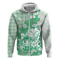 Green Palaka Hawaiian And Japanese Zip Hoodie Maneki Neko And Sakura Bloom DT05 Zip Hoodie Green - Polynesian Pride