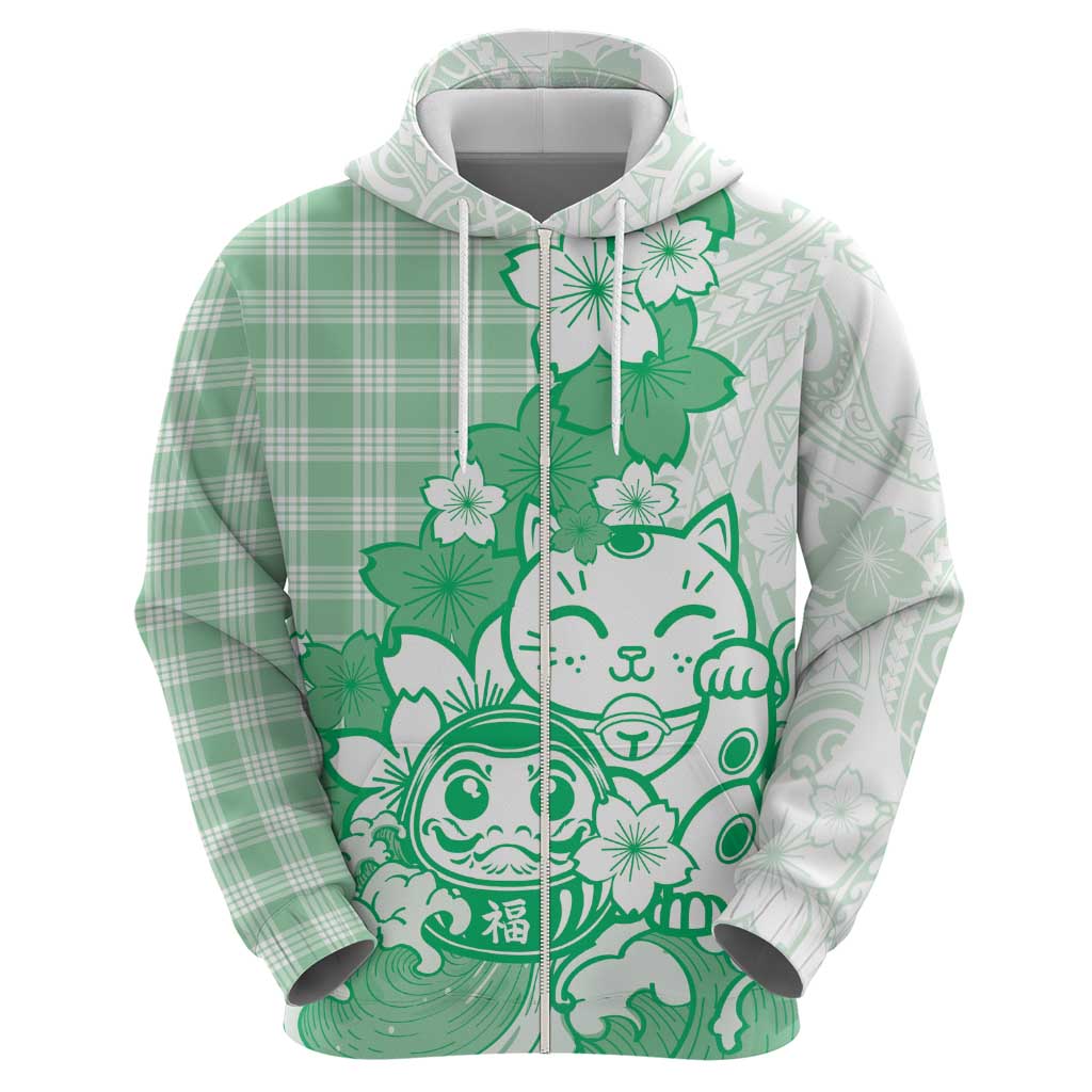 Green Palaka Hawaiian And Japanese Zip Hoodie Maneki Neko And Sakura Bloom DT05 - Polynesian Pride