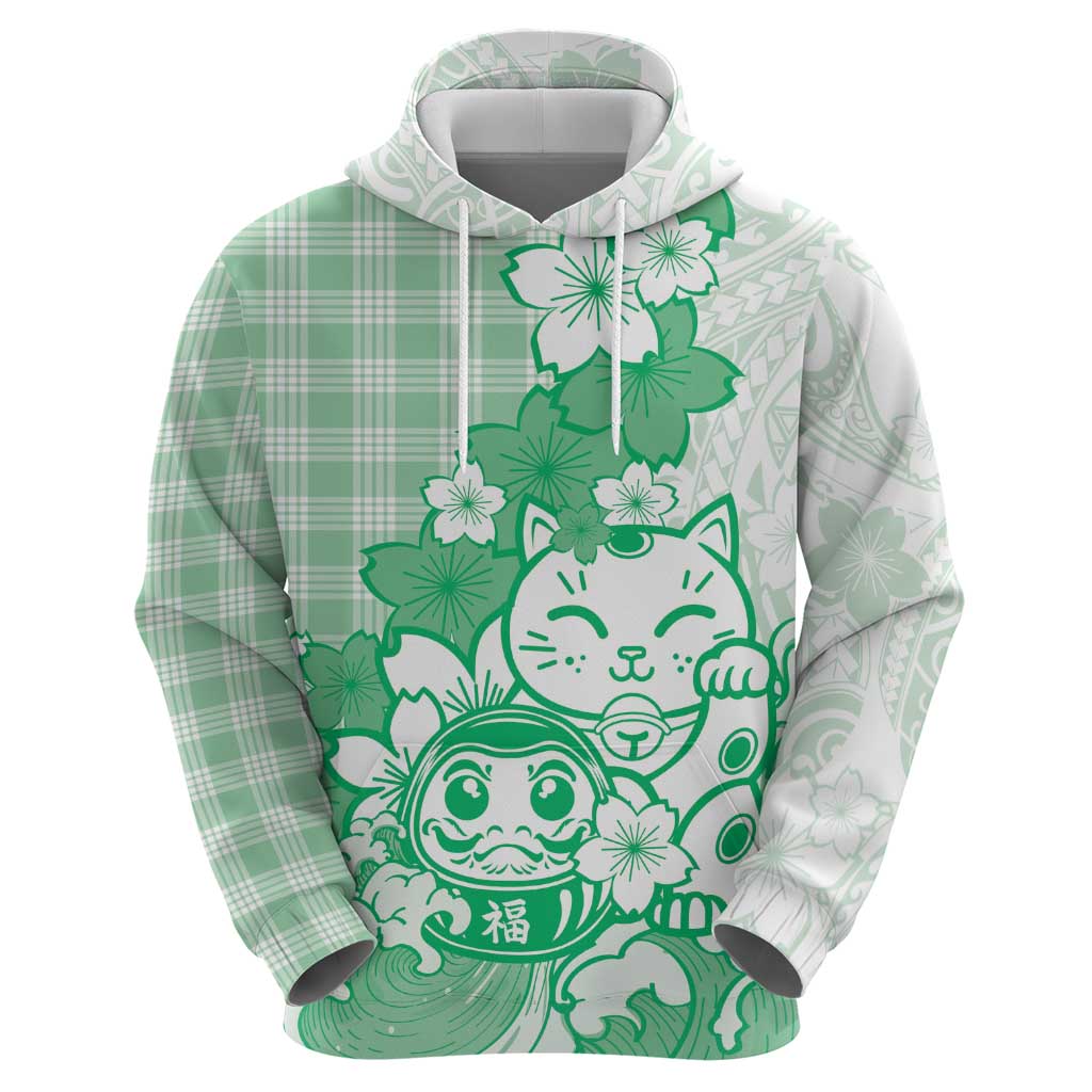 Green Palaka Hawaiian And Japanese Zip Hoodie Maneki Neko And Sakura Bloom DT05 - Polynesian Pride