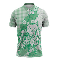 Green Palaka Hawaiian And Japanese Zipper Polo Shirt Maneki Neko And Sakura Bloom DT05 Green - Polynesian Pride