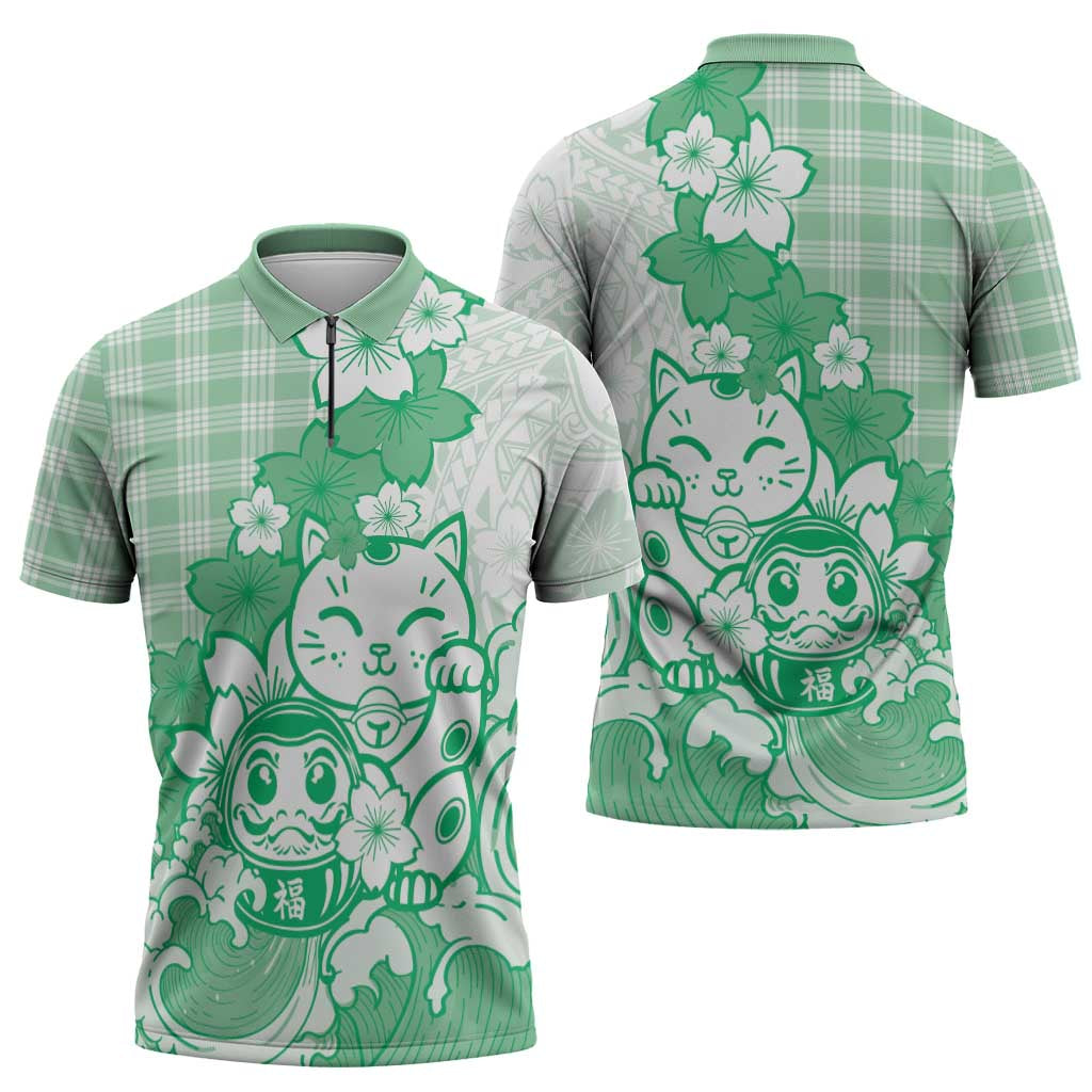 Green Palaka Hawaiian And Japanese Zipper Polo Shirt Maneki Neko And Sakura Bloom DT05 - Polynesian Pride