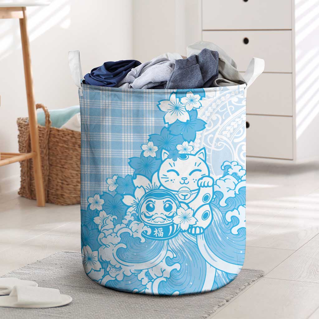 Blue Palaka Hawaiian And Japanese Laundry Basket Maneki Neko And Sakura Bloom DT05 Blue - Polynesian Pride