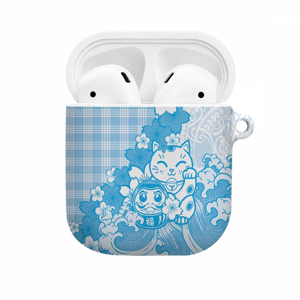 Blue Palaka Hawaiian And Japanese AirPods Case Maneki Neko And Sakura Bloom