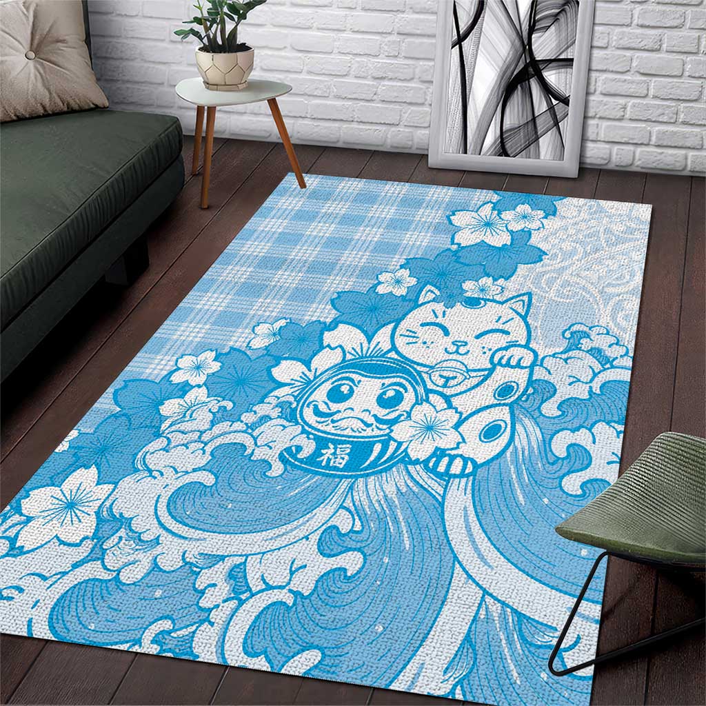 Blue Palaka Hawaiian And Japanese Area Rug Maneki Neko And Sakura Bloom DT05 Blue - Polynesian Pride